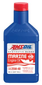 A bottle of 25W-40 Synthetic Blend Marine Engine Oil, which guards against wear while delivering excellent protection against rust and corrosion.