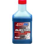 A bottle of AMSOIL Synthetic 2-Stroke Injector Oil, which offers the convenience of one formula for the tough conditions of all 2-stroke recreational equipment. Good for Ski-Doo Snowmobiles