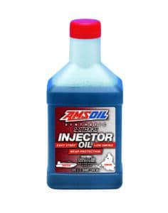 A bottle of AMSOIL Synthetic 2-Stroke Injector Oil, which offers the convenience of one formula for the tough conditions of all 2-stroke recreational equipment.