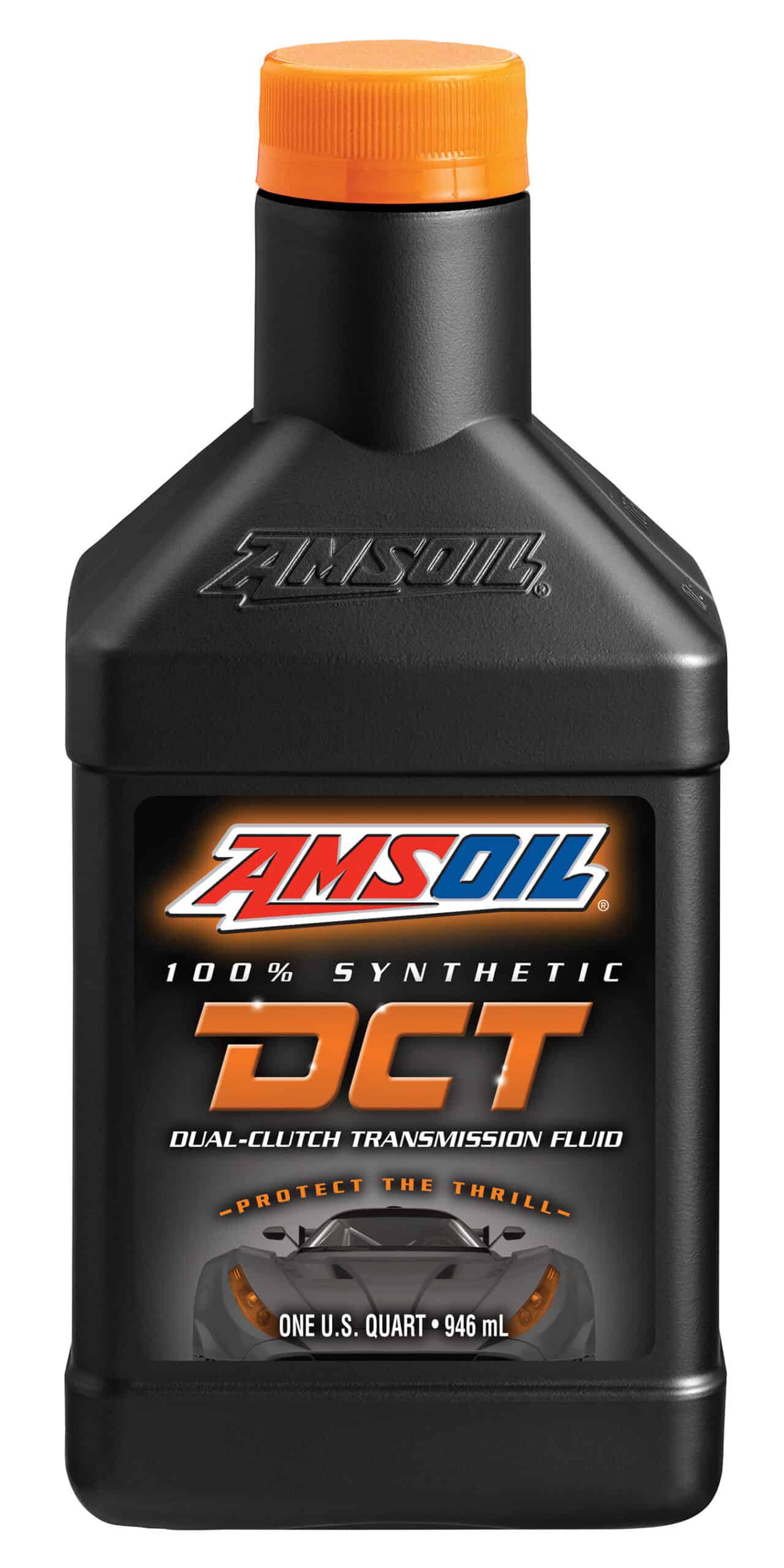 A bottle of AMSOIL Synthetic DCT Fluid, designed to protect high-tech dual-clutch transmissions during the most intense, high-heat operating conditions.