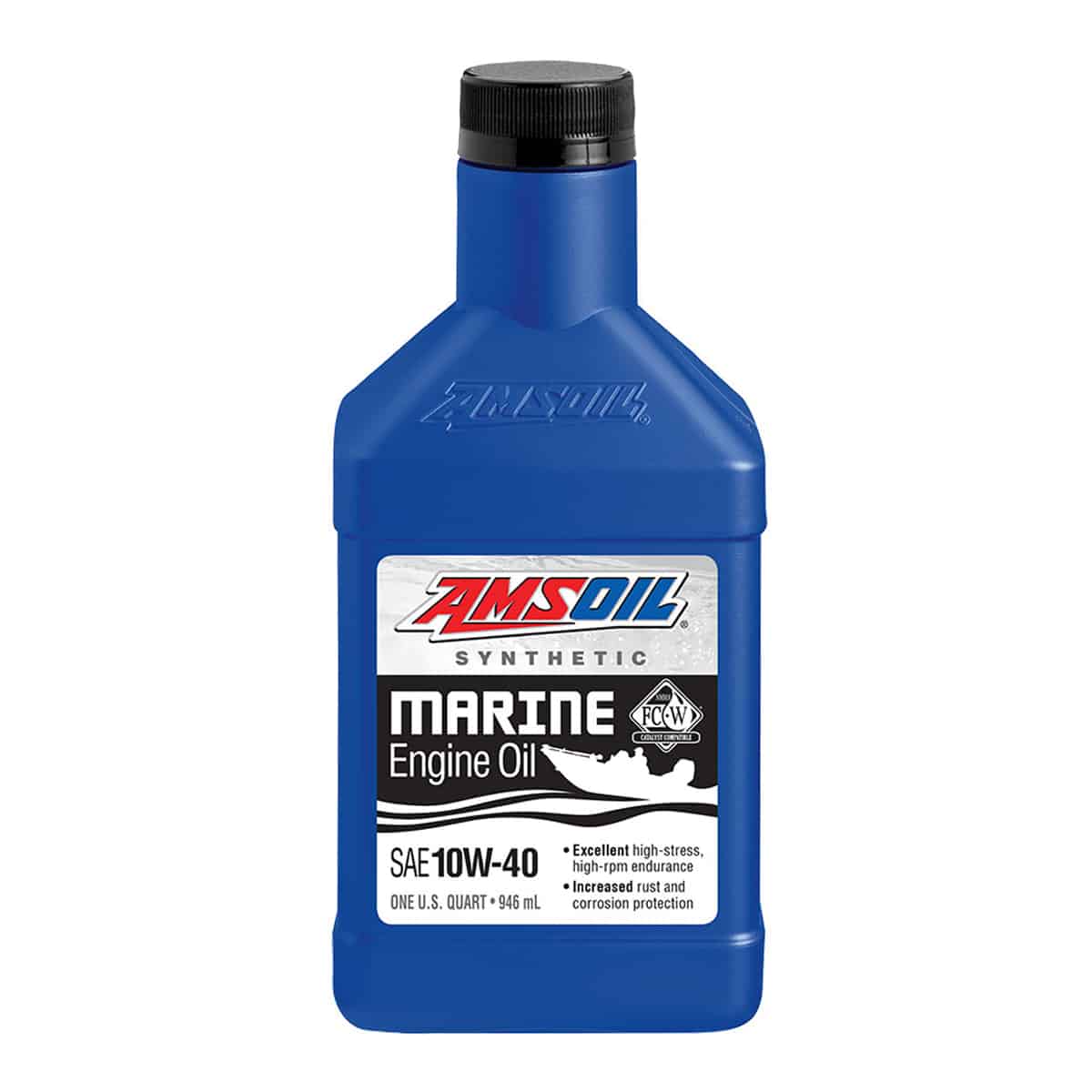 A bottle of AMSOIL Synthetic Marine Engine Oil - a formulation designed to withstand the heat, stress of high-rpm operation and deliver wear protection.