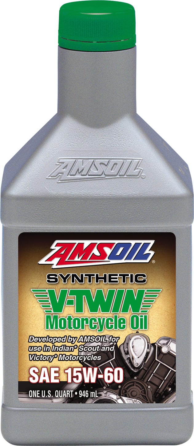A bottle of AMSOIL Synthetic V-Twin Motorcycle Oil - a premium oil designed for those who demand the absolute best lubrication for their motorcycles.