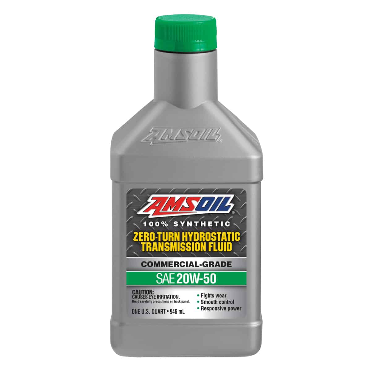 A bottle of AMSOIL Synthetic Hydrostatic Transmission Fluid, purposely-built to withstand the unique demands of hydrostatic transmissions.