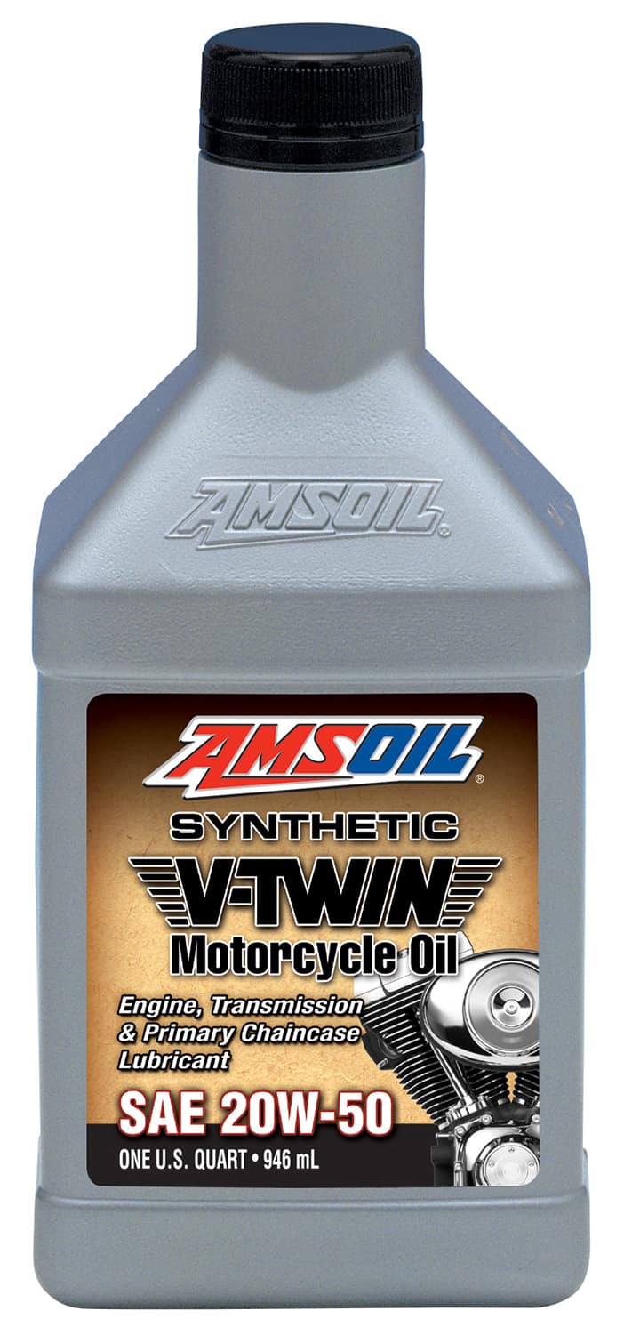 A bottle of AMSOIL 20W-50 Synthetic V-Twin Motorcycle Oil. It is multi-functional, specially designed to fulfill the requirements of domestic & foreign motorcycles.