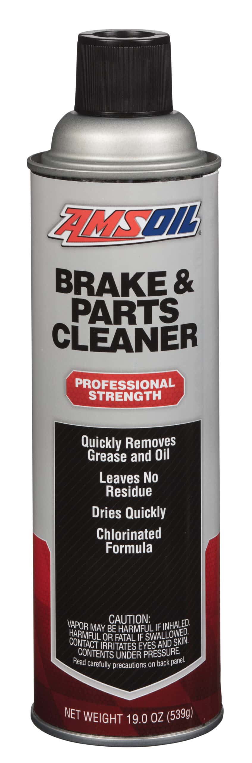 A bottle of AMSOIL Brake & Parts Cleaner (BPC), which helps to quickly removes oil, grease, brake fluid and other contaminants from brake parts and other automotive components.
