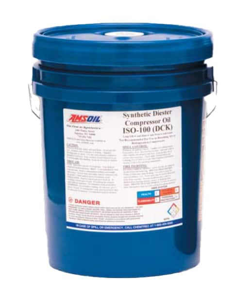 A bucket of Synthetic Ester Compressor Oil, formulated to improve compressor efficiency and extend drain intervals in reciprocating (piston) compressors.
