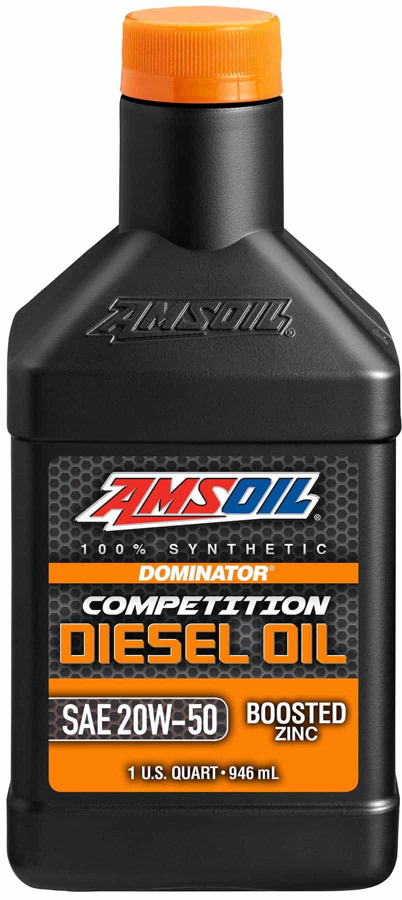 A bottle of AMSOIL DOMINATOR® Competition Diesel Oil, designed for professionals and enthusiasts who want a step up in diesel protection.