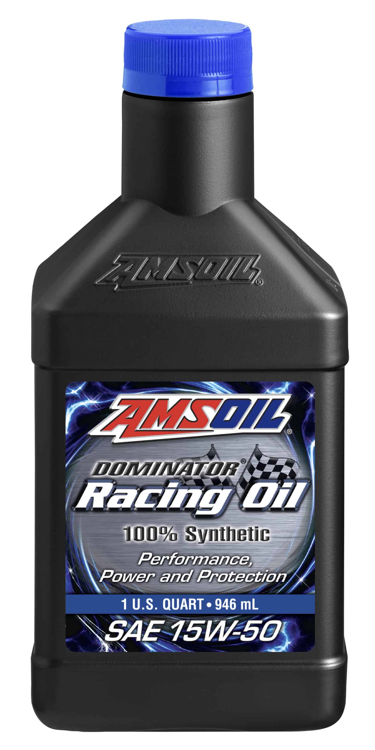 A bottle of AMSOIL DOMINATOR® Synthetic Racing Oil - a formula designed to protect high-performance and racing applications that operate on the ragged edge.