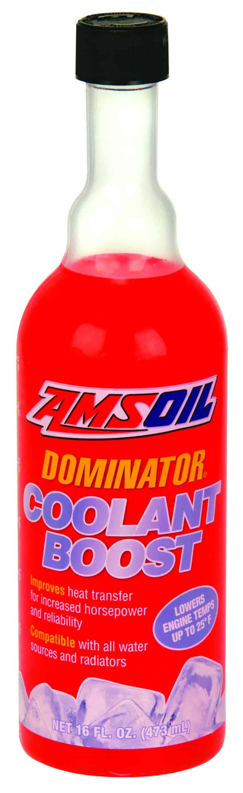 A bottle of AMSOIL DOMINATOR® Coolant Boost. It provides racers, motorists lower engine operating temperatures, faster warm-up times, advanced corrosion protection.