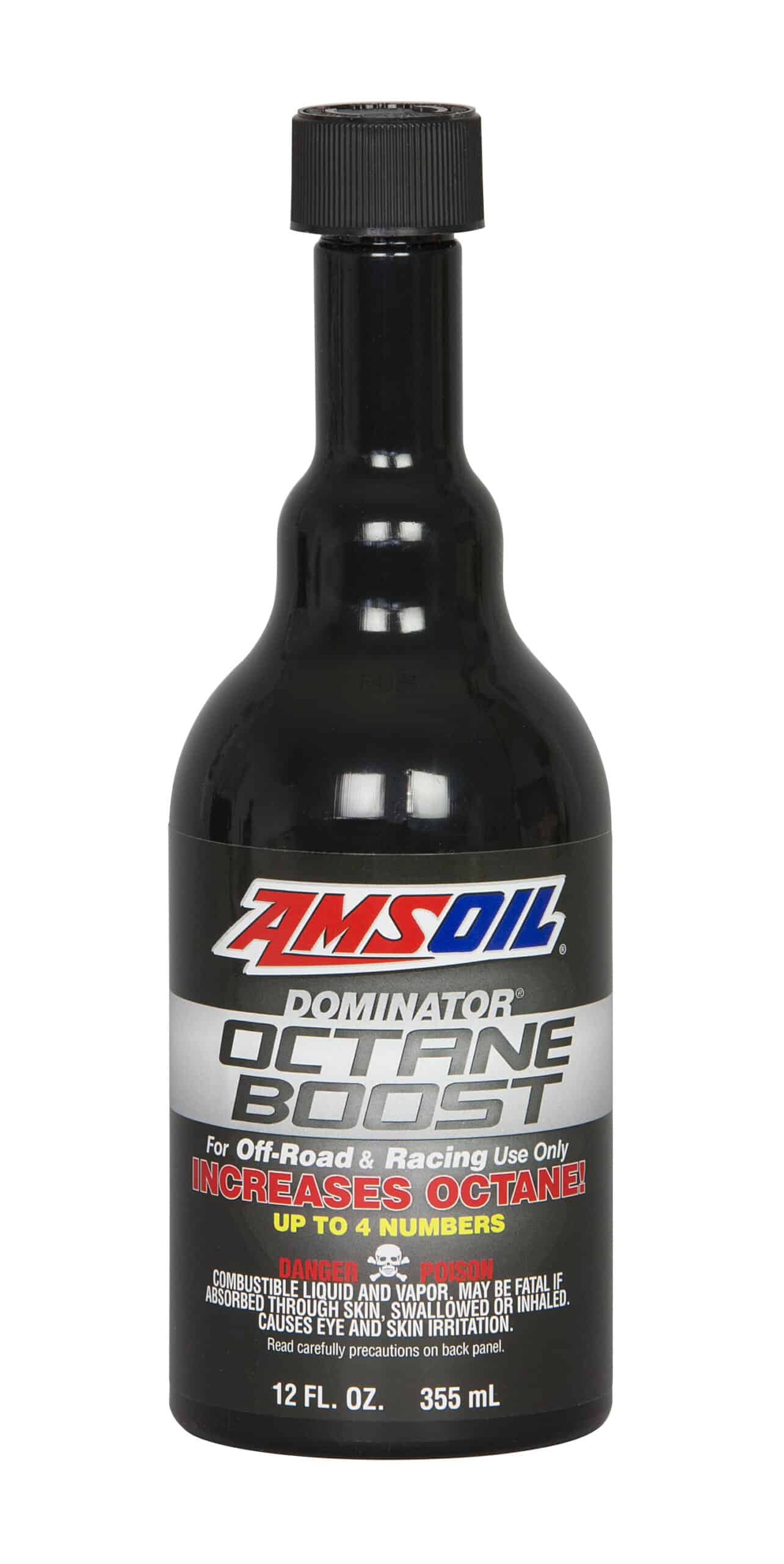 A bottle of AMSOIL DOMINATOR® Octane Boost - the recommended octane boost for all high-performance off-road and racing applications.
