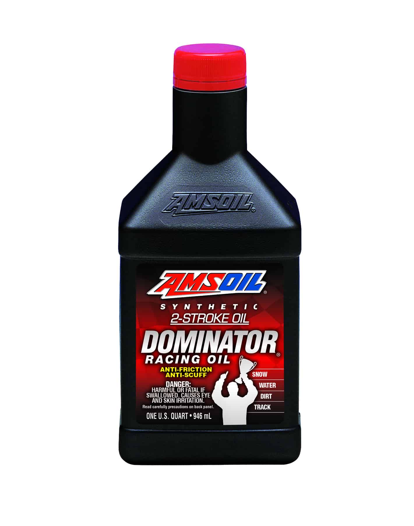 A bottle of AMSOIL DOMINATOR® 2-Stroke Racing Oil, formulated to address the heat, pressure and friction of race-engineered engines.