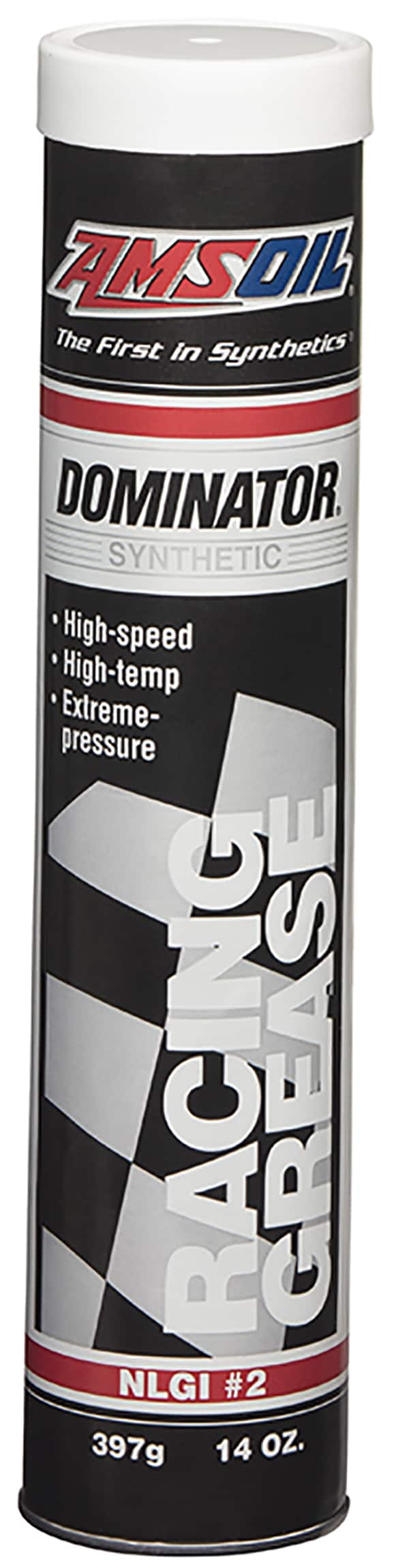 A cartridge of AMSOIL DOMINATOR® Synthetic Racing Grease, formulated to provide superior protection for bearings operating under high-speed, high-heat and heavy-load conditions.