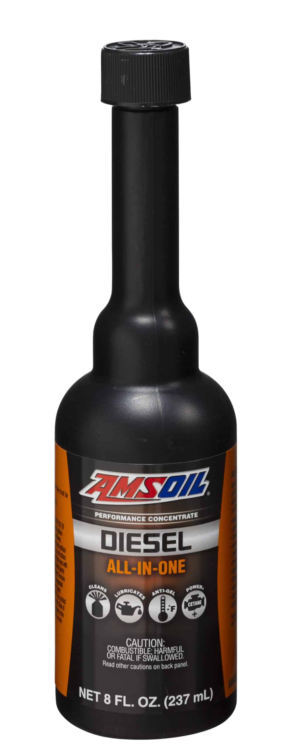 A bottle of AMSOIL Diesel All-In-One, which is specially engineered to provide exceptional all-season protection for a serious performance boost.