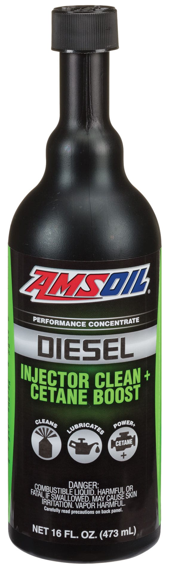A bottle of AMSOIL Diesel Injector Clean + Cetane Boost, specially engineered to defend your engine and fuel system against performance-robbing wear and deposits.