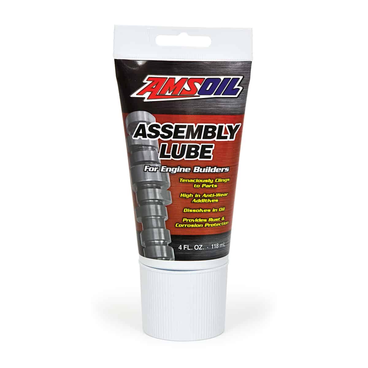 A tube of AMSOIL Engine Assembly Lube, designed to dissolve in oil, helping eliminate oil port clogging & deposit formation in four-stroke engines.