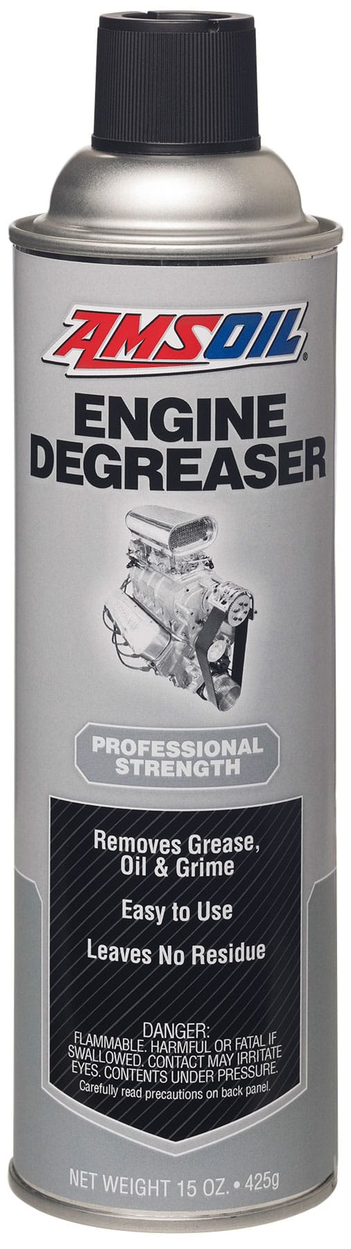 A can of AMSOIL Engine Degreaser, which contains degreasing solvents that easily remove the toughest grease, dirt and grime from engine surfaces.