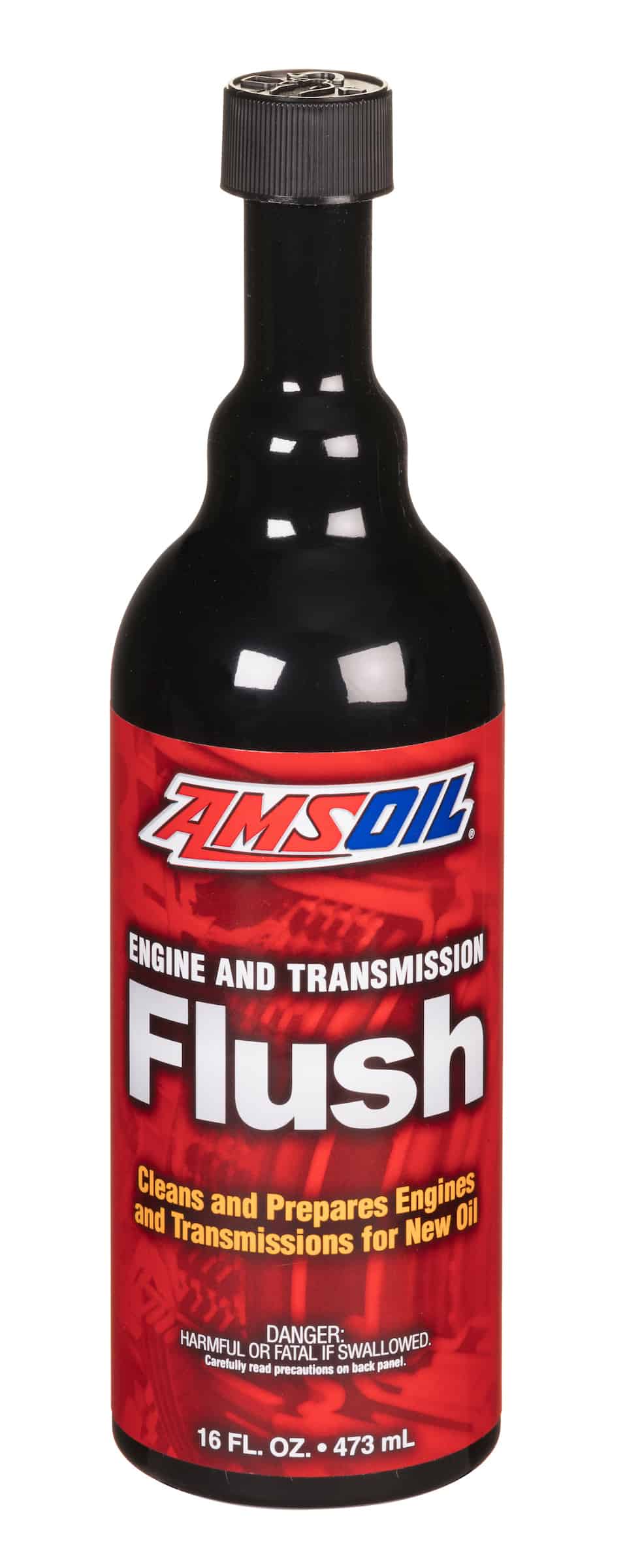 A bottle of AMSOIL Engine & Transmission Flush, which helps to restore fuel economy, increases operating efficiency, reduces emissions in gasoline and diesel engines.