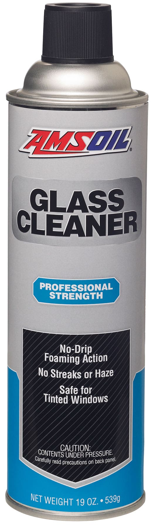 A can of AMSOIL Glass Cleaner, which provides a professional-strength formula that cuts through grease and grime faster than other leading glass cleaners.