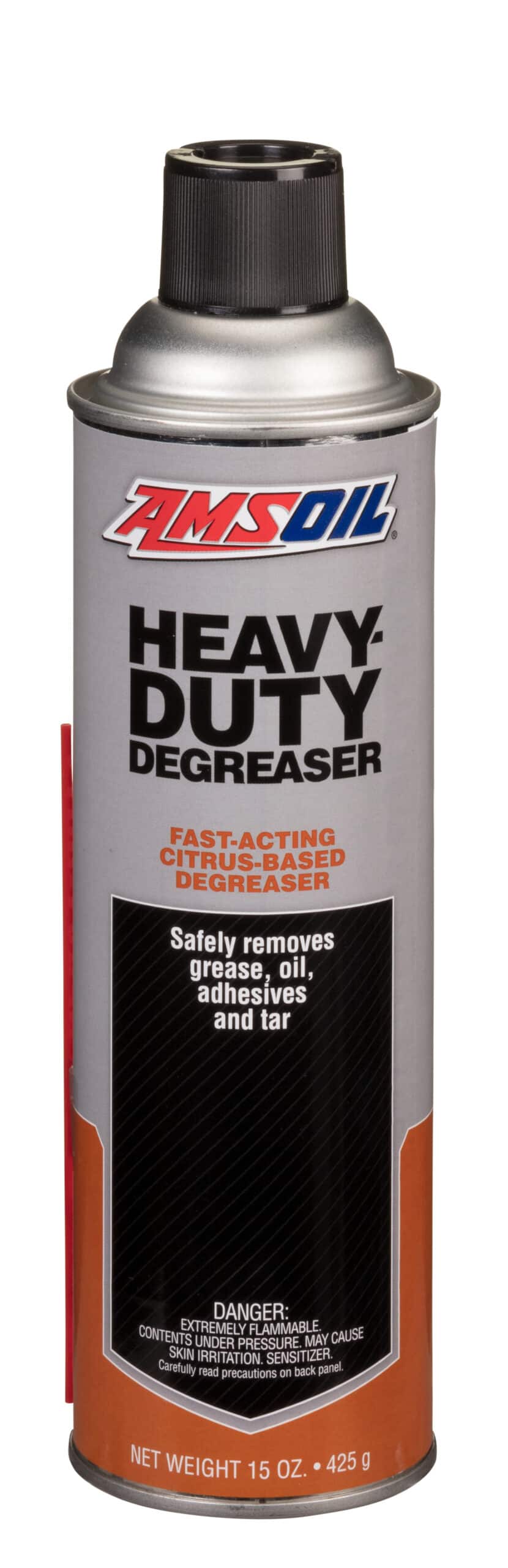 A can of AMSOIL Heavy-Duty Degreaser, formulated with fast-acting solvents to loosen its hold on metal, concrete and other surfaces.