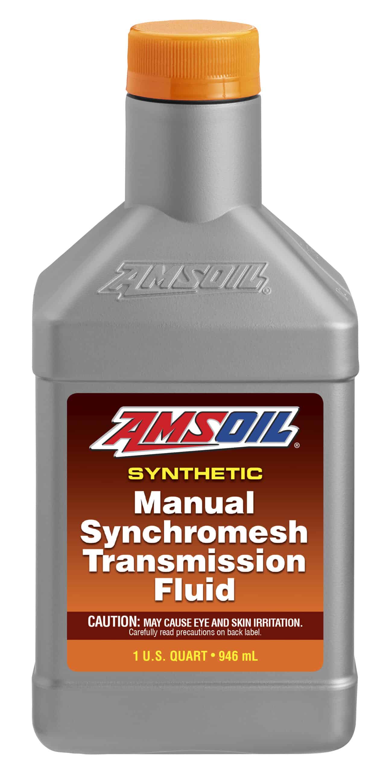 A bottle of AMSOIL Manual Synchromesh Transmission Fluid, formulated to maximize fuel economy while resisting the effects of heat, oxidation and varnish deposits.