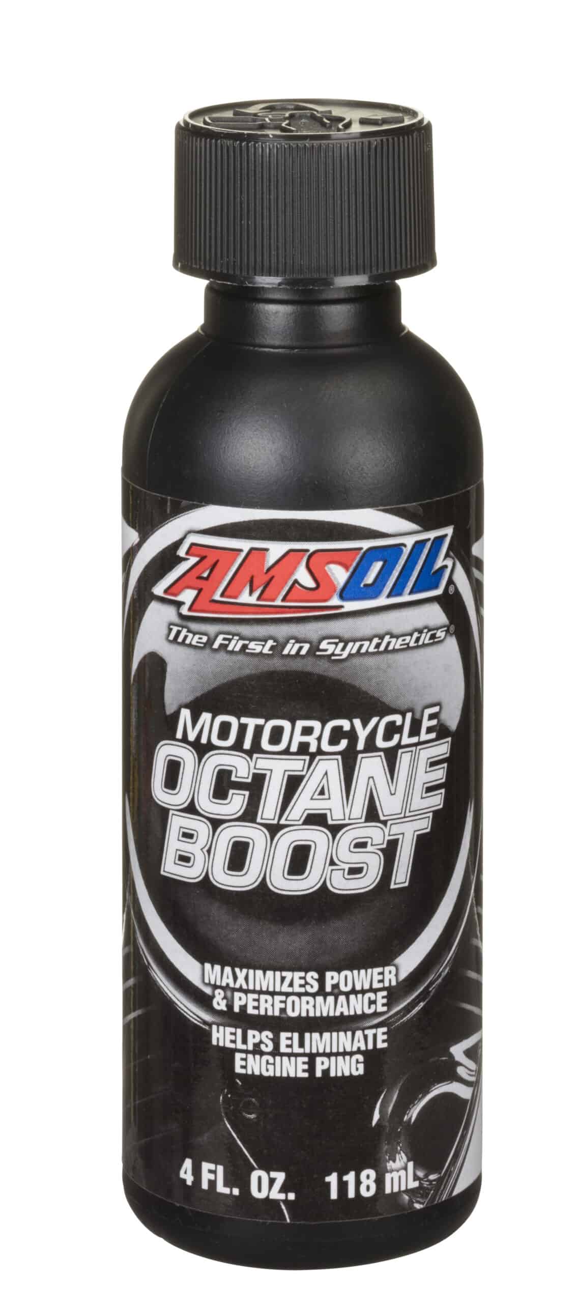 A bottle of AMSOIL Motorcycle Octane Boost, designed to improve startup performance & eliminate engine ping or knock for increased power at low-rpm operation.