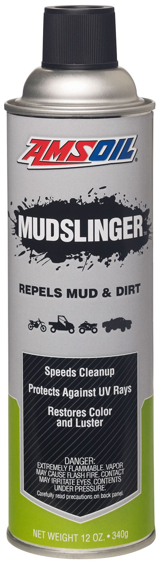 A can of AMSOIL Mudslinger (AMS), designed to provide a protective, non-stick layer of armor against the accumulation of mud, dirt and snow on ATVs, UTVs and dirt bikes.