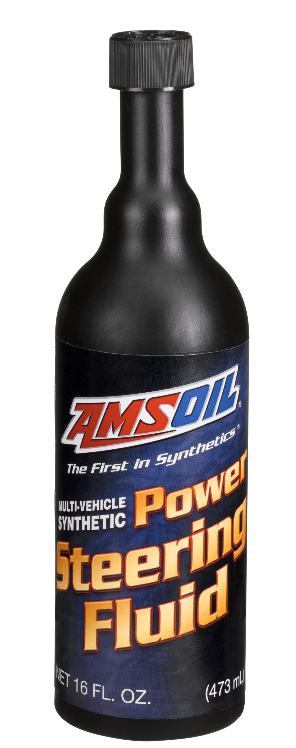 A bottle of AMSOIL Multi-Vehicle Synthetic Power Steering Fluid, designed to provide long, trouble-free service in most domestic, foreign passenger car, etc.