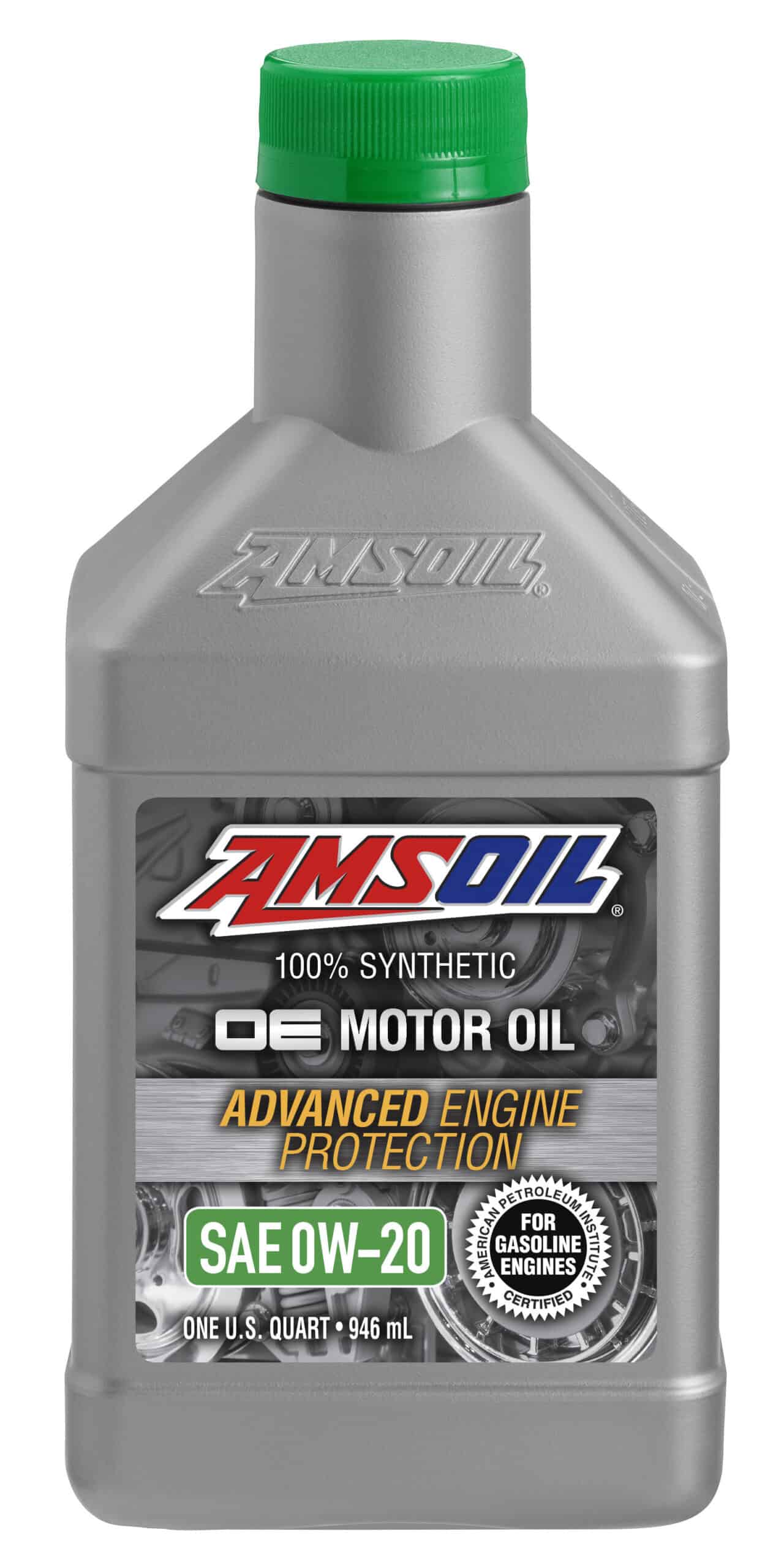 A bottle of AMSOIL OE Synthetic Motor Oil, formulated for mechanics and drivers seeking peace of mind protection and exceptional value in synthetic motor oil.
