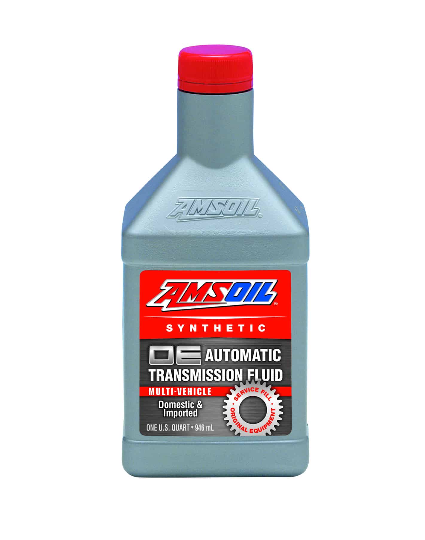 A bottle of AMSOIL OE Synthetic Automatic Transmission Fluid, designed to provide passenger-car/light-truck transmissions excellent wear protection, sludge resistance, etc.