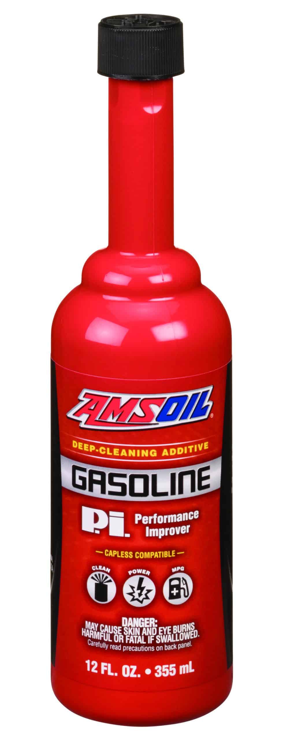 A bottle of AMSOIL Performance Improver Gasoline Additive. It is very potent and cleans the entire fuel system and restores up to 14% horsepower in one tank of gasoline.