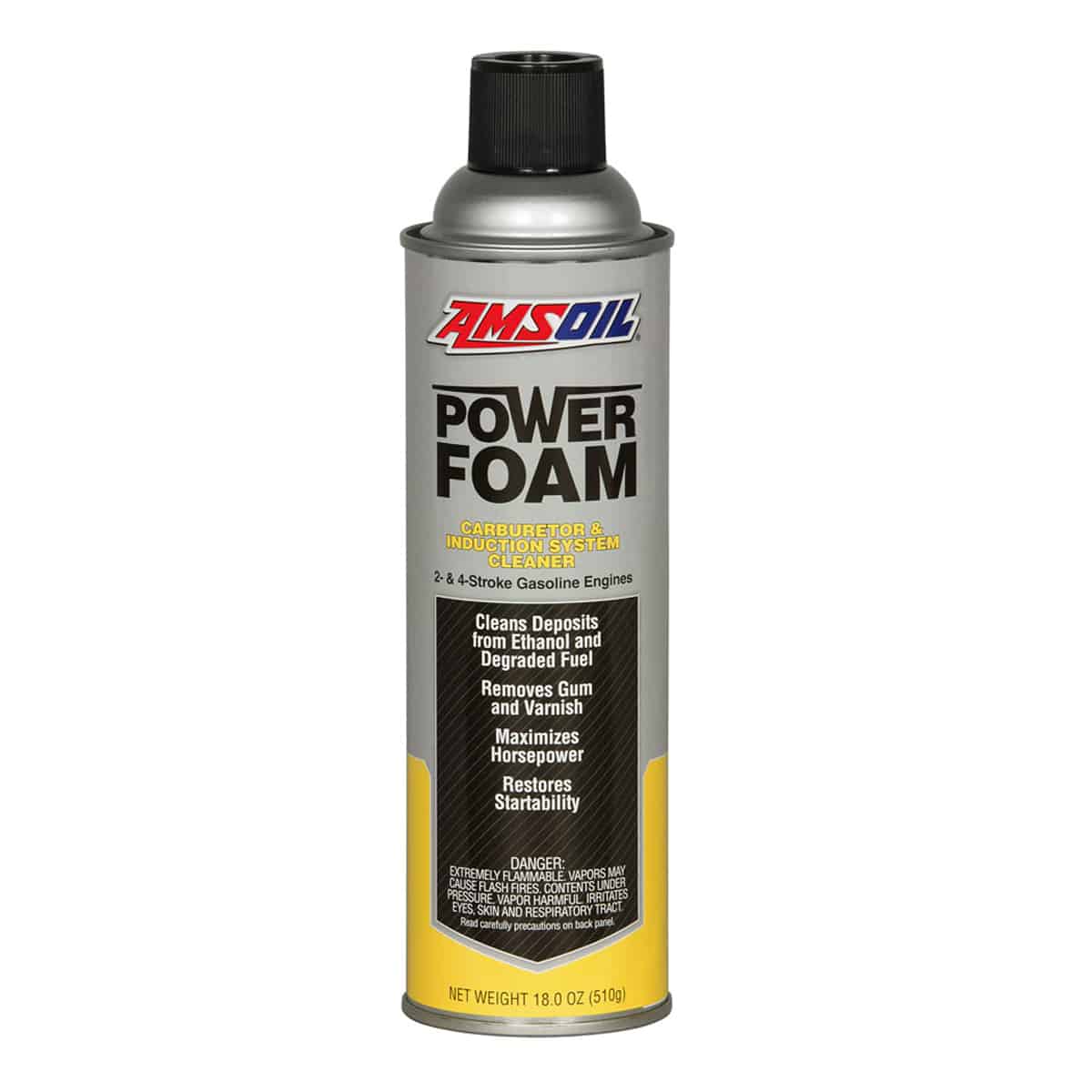 A can of AMSOIL Power Foam®, designed to improve engine performance by removing gum, varnish & carbon deposits that affect power, operation, idle & fuel economy.