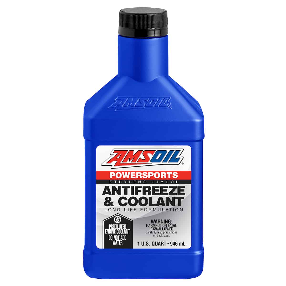 A bottle of AMSOIL Powersports Antifreeze & Coolant, formulated for all types of powersports equipment. It protects against freezing, corrosion, etc.
