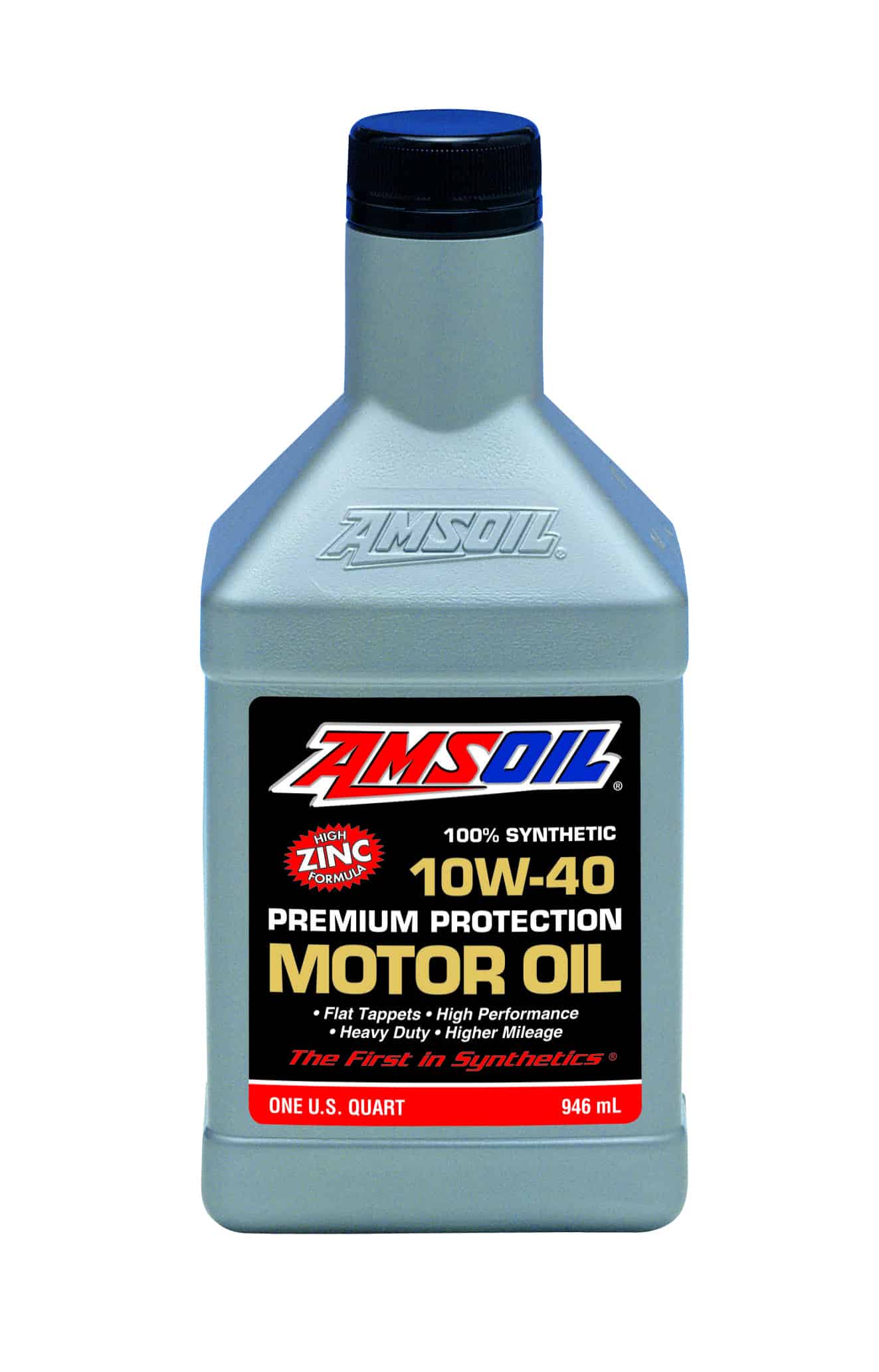 A bottle of AMSOIL Premium Protection Synthetic Motor Oil, designed to provide great protection. It offers flexibility & performance beyond conventional oils.
