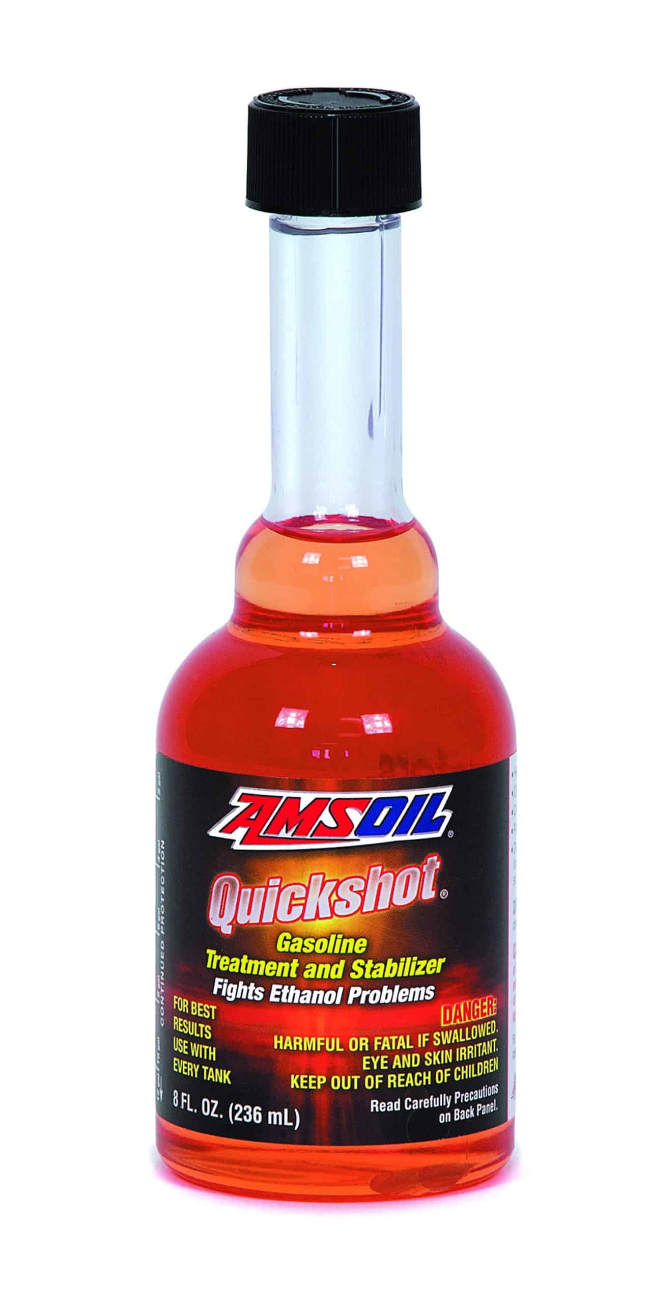 A bottle of AMSOIL Quickshot®, which is formulated to thoroughly clean & restore peak performance in small-engine & powersports equipment fuel systems.