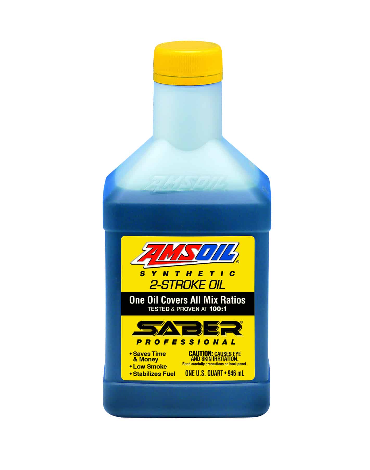 A bottle of AMSOIL SABER® Professional Synthetic 2-Stroke Oil. It does a better job fighting carbon deposits that rob engines of power & reduces their service life.
