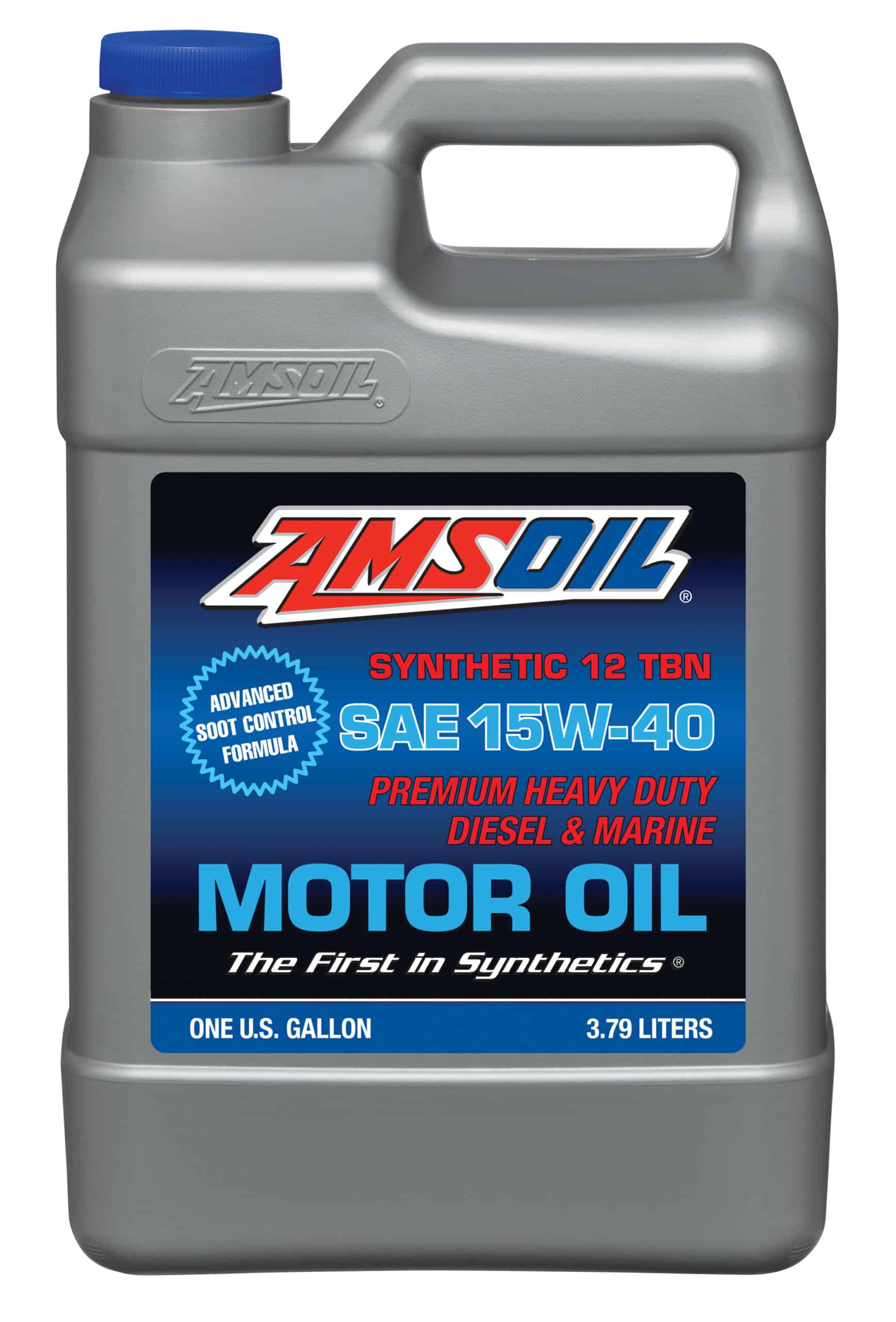 A gallon of AMSOIL Synthetic Heavy Duty Diesel & Marine Motor Oil, formulated for long-lasting performance & protection.