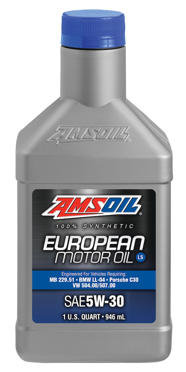 A bottle of AMSOIL Synthetic European Motor Oil, specially designed for the unique demands of gasoline, diesel and hybrid European vehicles.