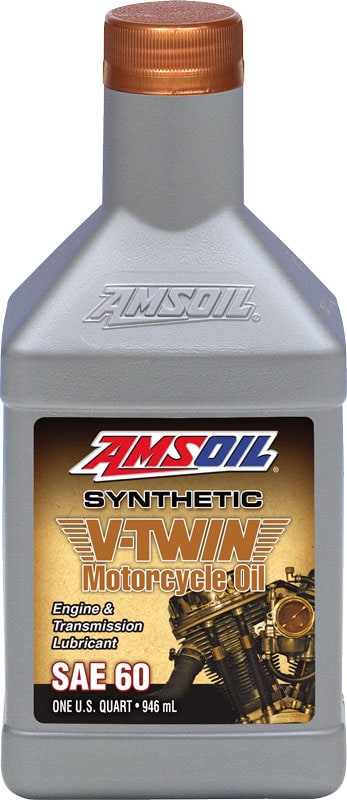 A bottle of AMSOIL SAE 60 Synthetic V-Twin Motorcycle Oil - a premium oil designed for those who demand the absolute best lubrication for their motorcycles.