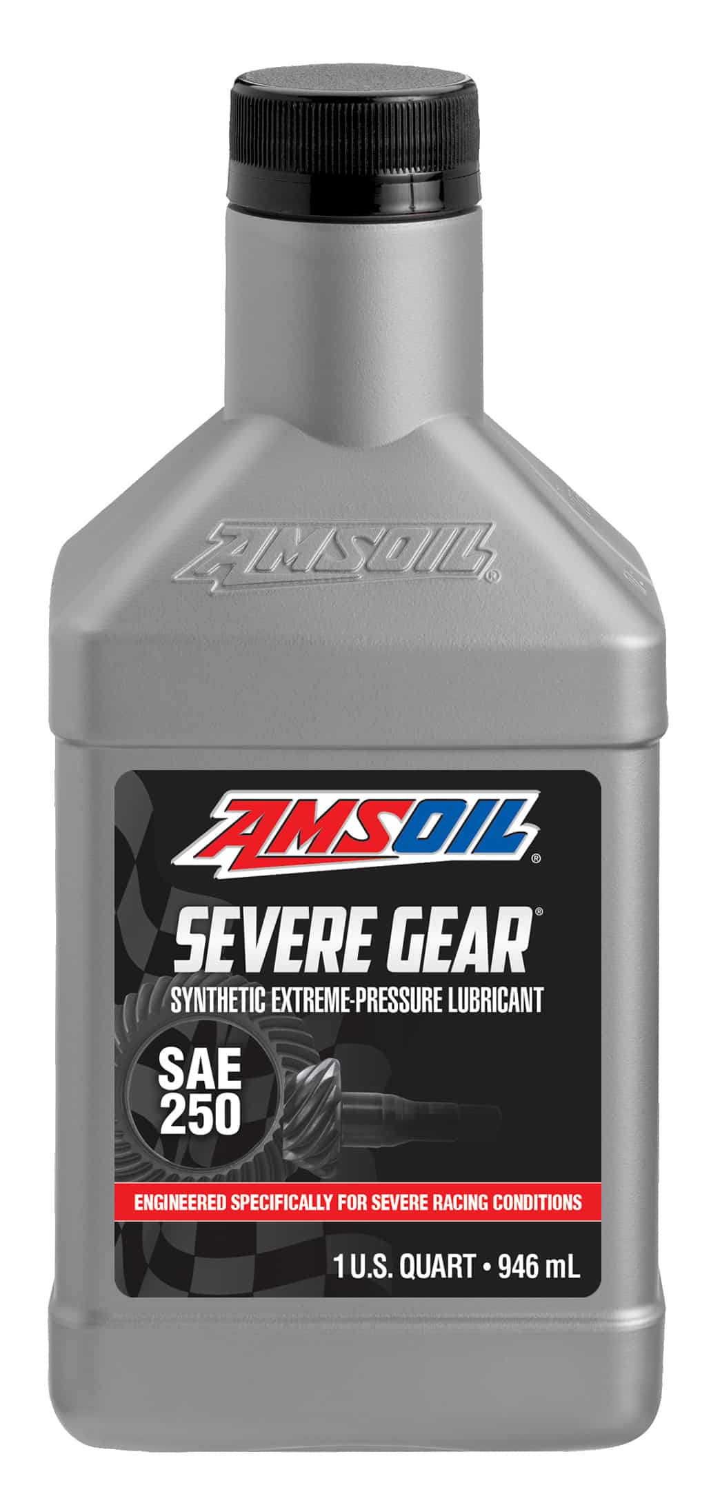 A bottle of AMSOIL SEVERE Synthetic Racing Gear Lubricant , designed to offer peace of mind. It protects costly, high-performance racing machines in the toughest conditions.