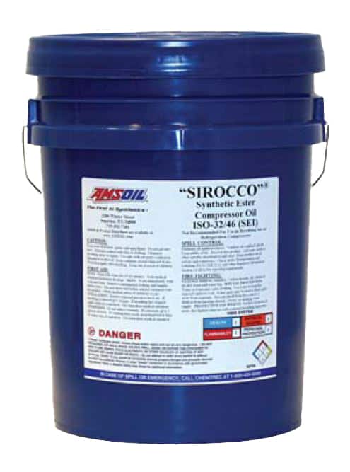 A pail of AMSOIL SIROCCO® Synthetic Compressor Oil, which is formulated with synthetic ester technology. It is for use in rotary screw compressors and vacuum pumps.