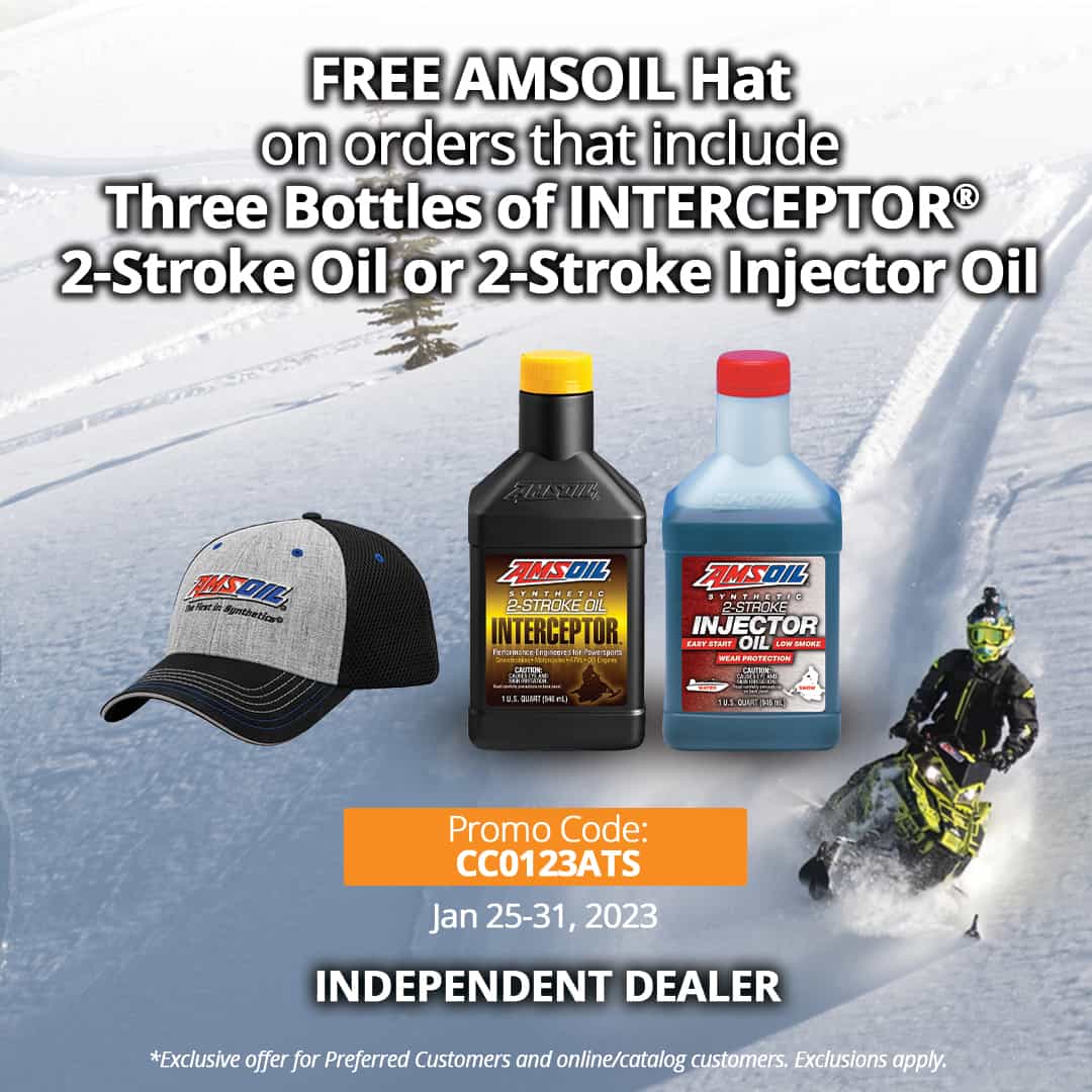 Free AMSOIL hat with order of three bottles of AMSOIL INTERCEPTOR® Synthetic 2-Stroke Oil or Synthetic 2-Stroke Injector Oil
