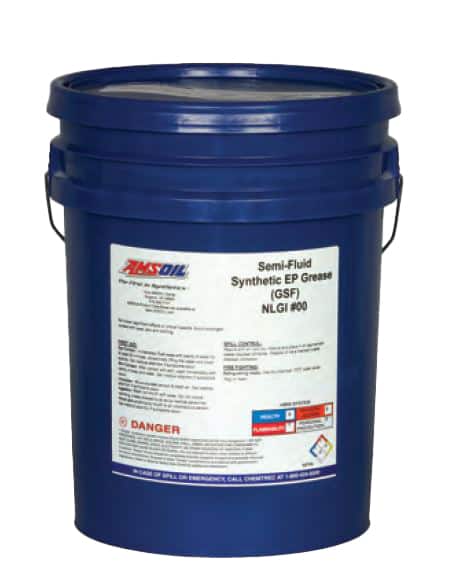 A pail of AMSOIL Semi-Fluid Synthetic EP Grease, formulated to provide an effective protection system that helps reduce wear and prevent damage.