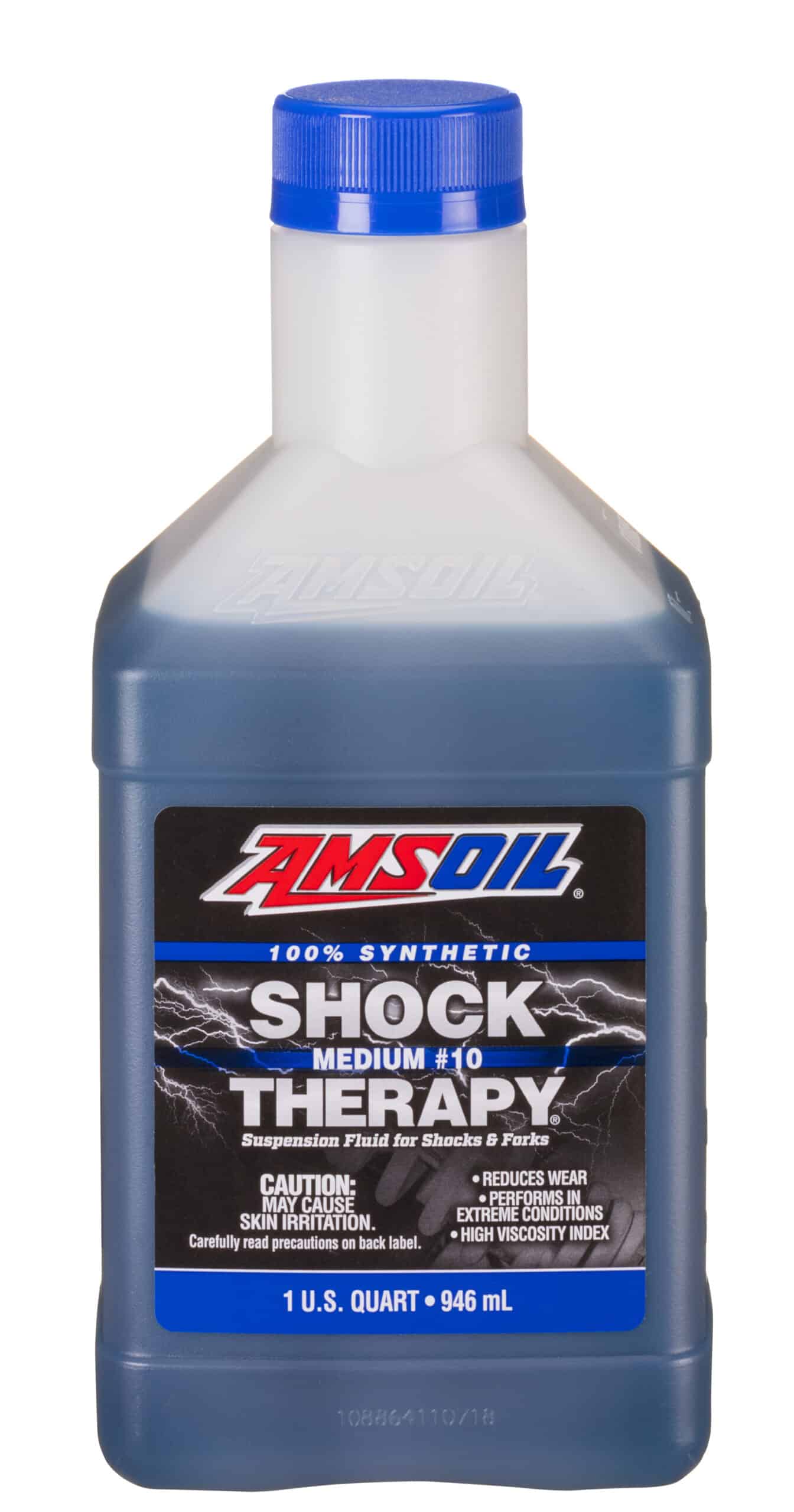 A bottle of AMSOIL Shock Therapy® Suspension Fluid, formulated to resist viscosity loss over a broad temperature range for consistent, effective suspension feel.