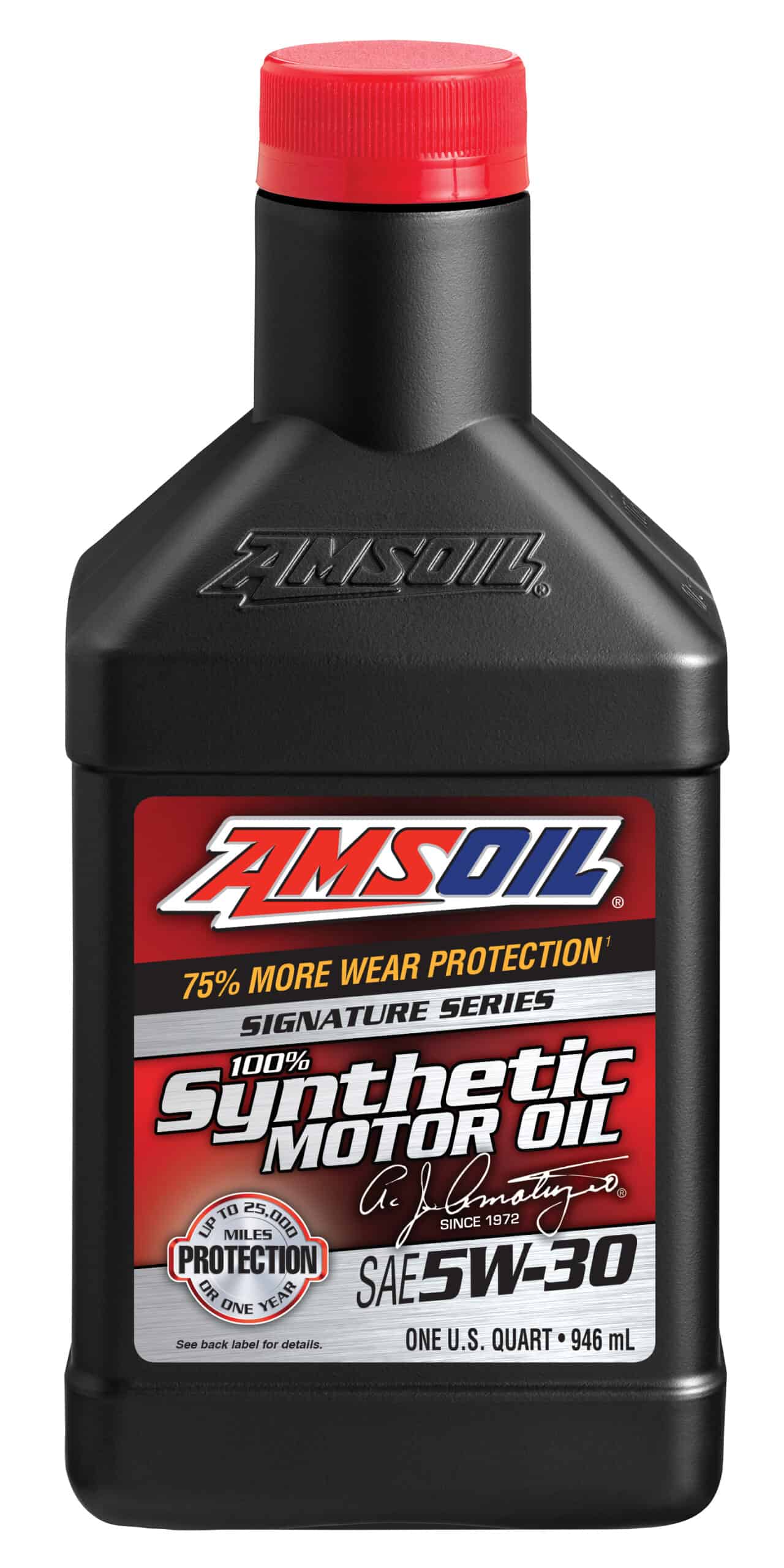 A bottle of AMSOIL 100% Synthetic Motor Oil. It is not only the best oil we have ever made, it’s also better than any competitive oil we have tested.