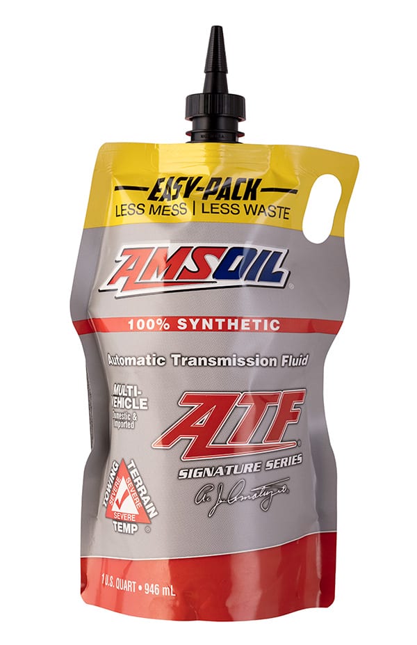 A sachet of AMSOIL Synthetic Automatic Transmission Fluid, formulated to withstand the rigors of heavy towing, elevated temperatures & challenging terrain.