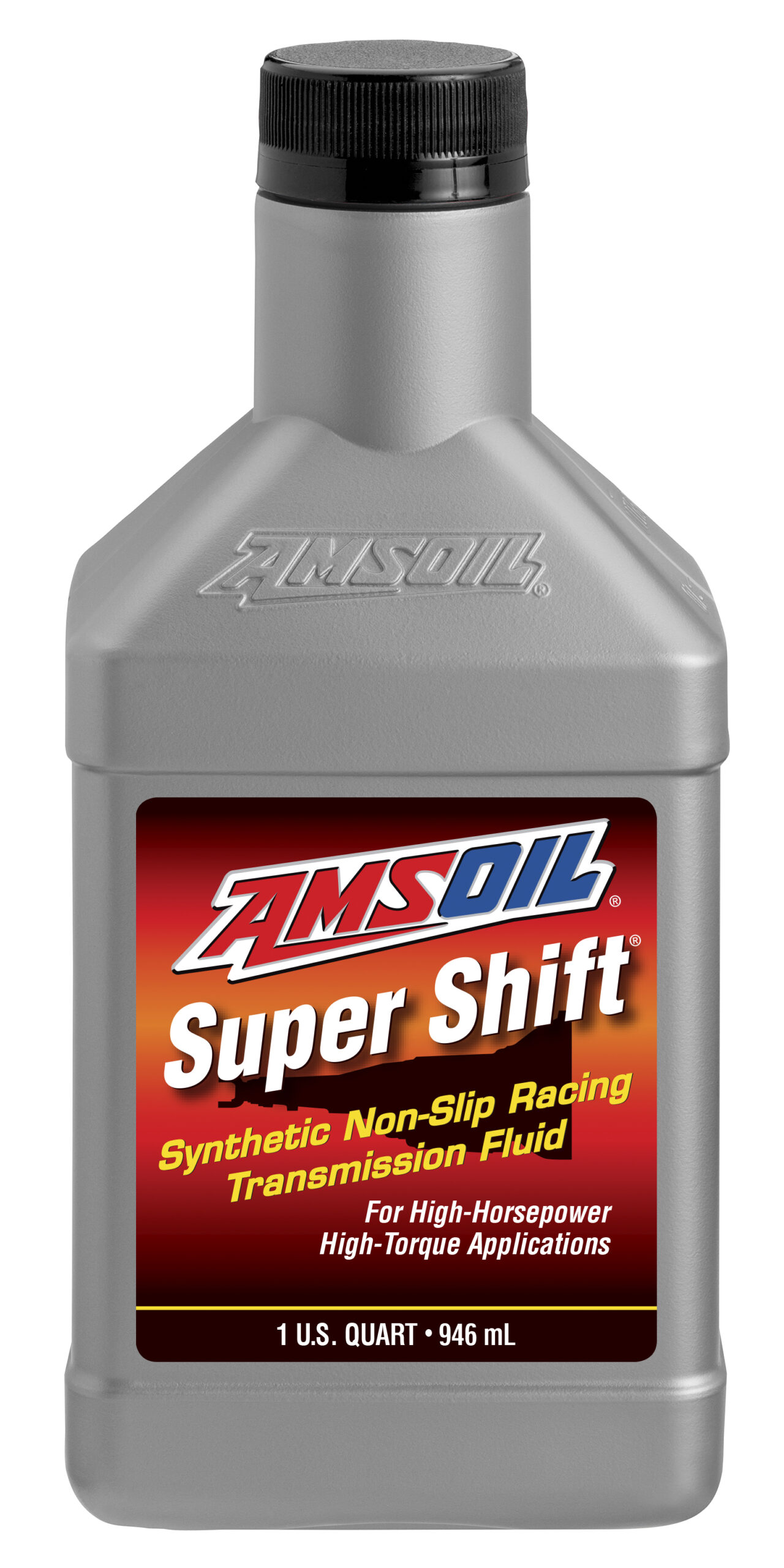 A bottle of AMSOIL Synthetic Racing Transmission Fluid, designed to resist heat to virtually eliminate slippage and improve shift performance while protecting against wear.