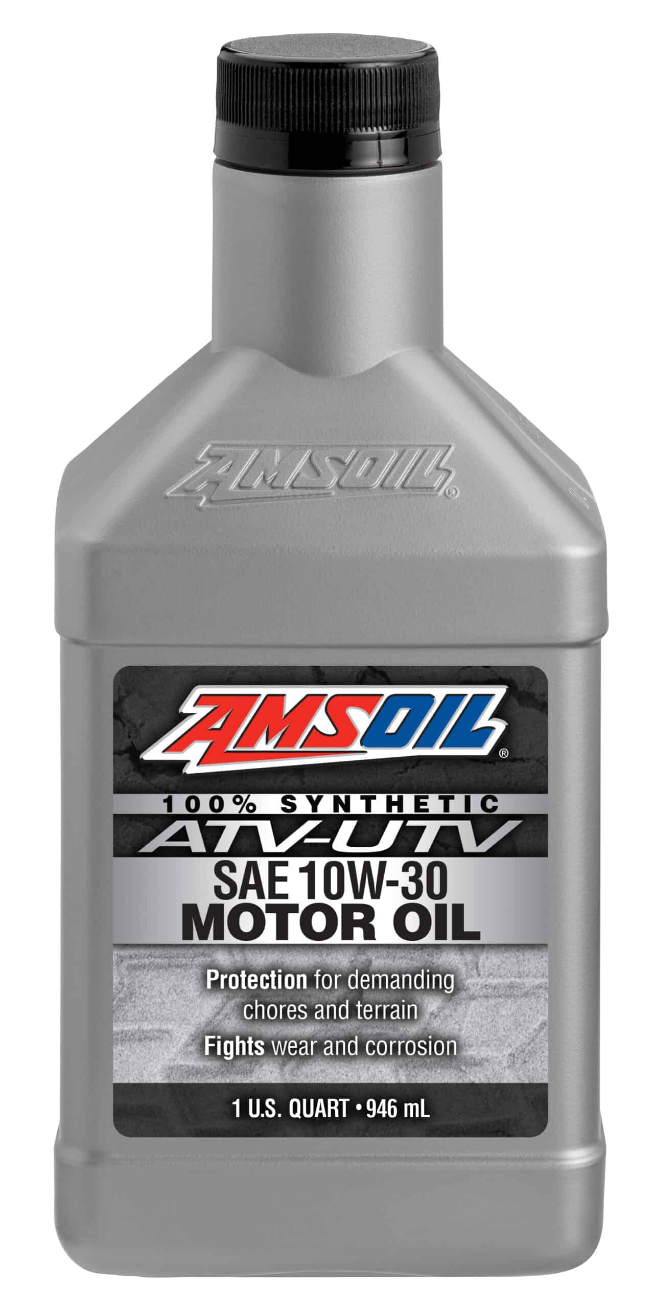 A bottle of AMSOIL Synthetic ATV/UTV Motor Oil, which is formulated to deliver upgraded performance for hard-working and performance ATVs and UTVs.