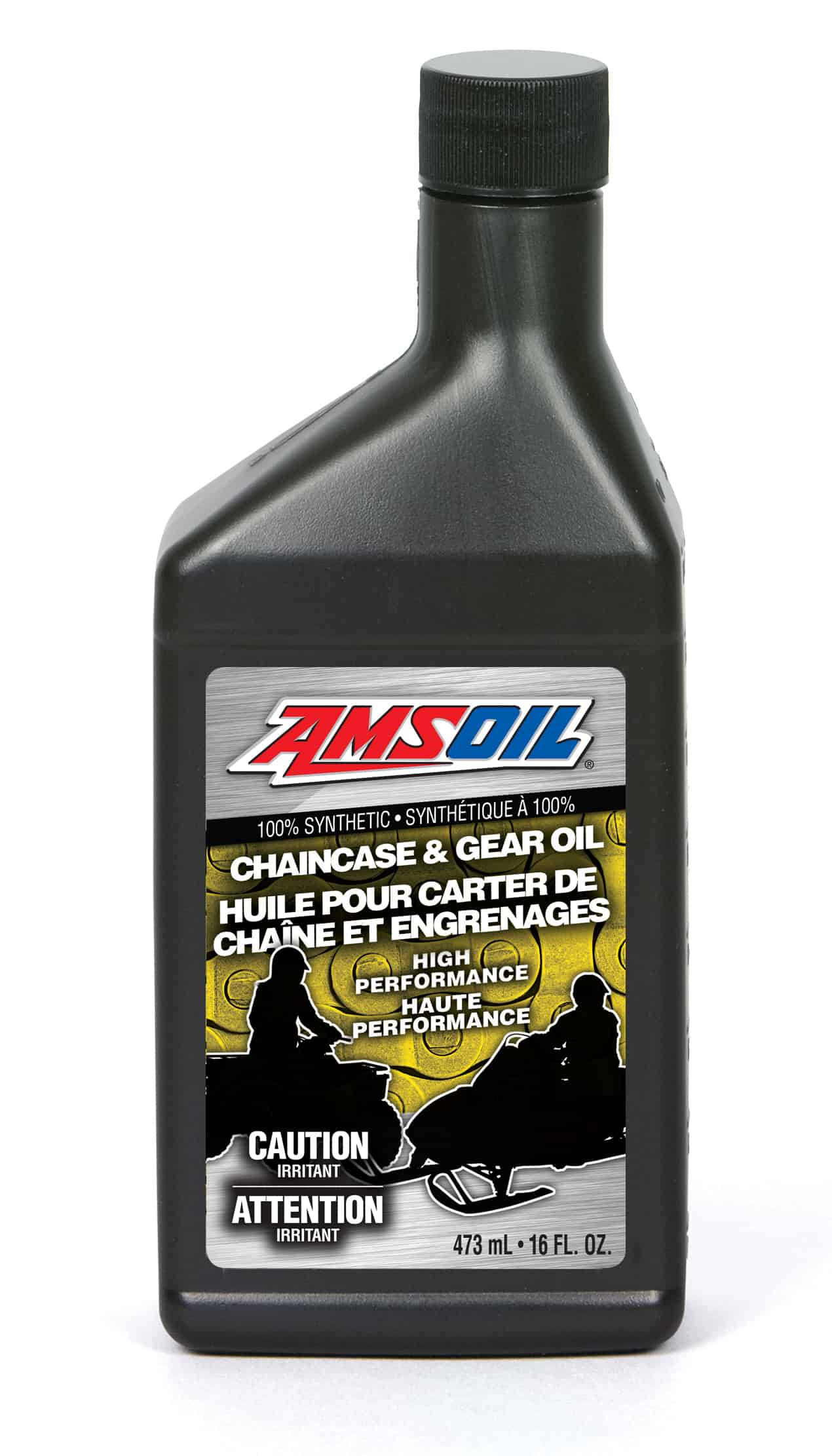 A bottle of Synthetic Chaincase & Gear Oil. It provides superior protection for enclosed chains and gears found in snowmobiles, ATVs and general equipment.