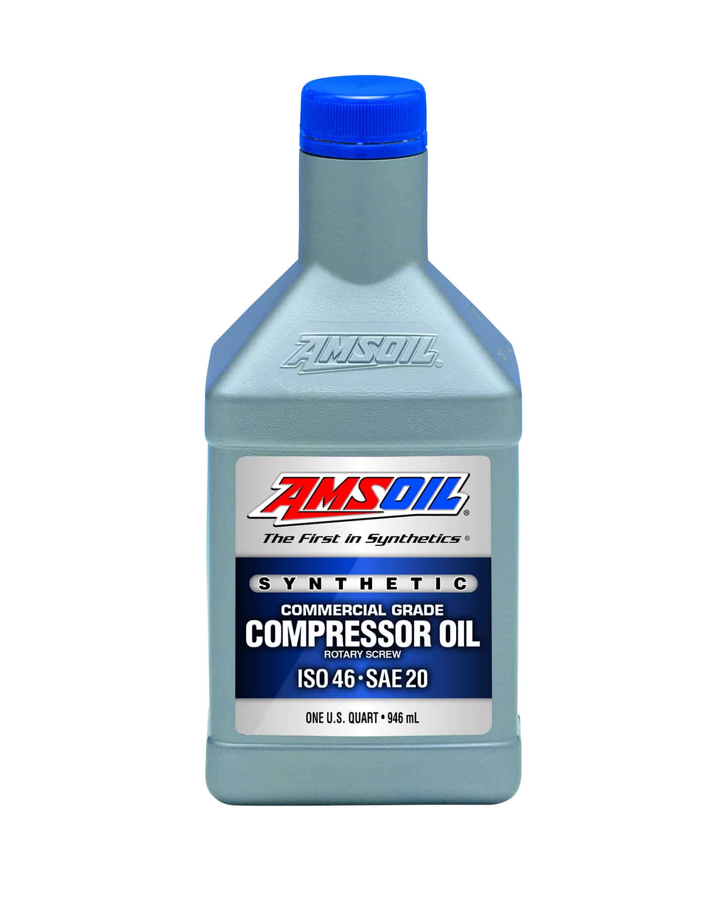 A bottle of AMSOIL Synthetic Compressor Oil, formulated for maximum protection at high temperatures. It reduces maintenance & waste oil disposal costs.