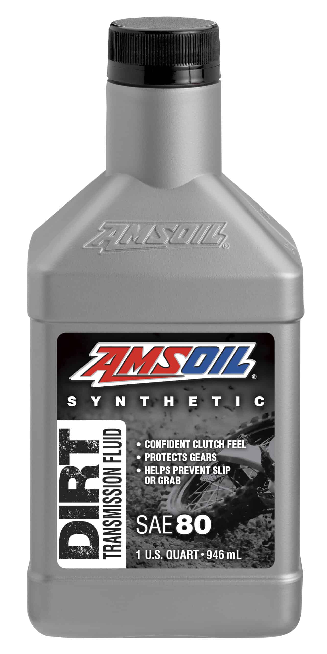A bottle of AMSOIL Synthetic Dirt Bike Transmission Fluid, specifically formulated to provide consistent clutch feel, delivering riders confidence.